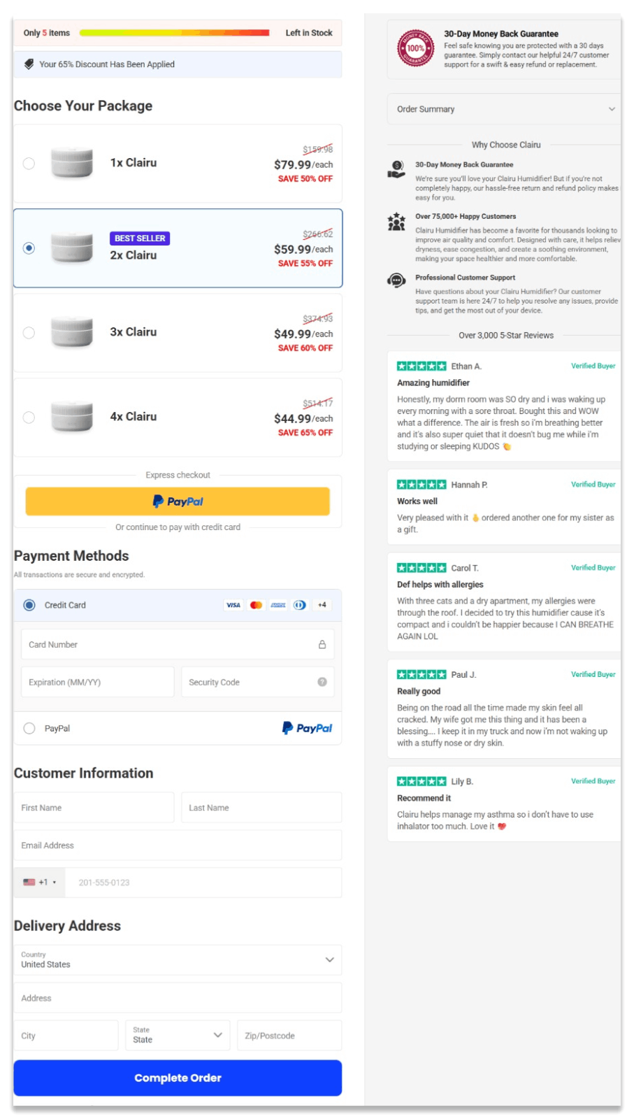 Clairu Humidifier secure checkout page